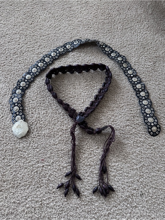 Accessories - Y2K Boho Braided Leather Tie Belt + Studded Concho Belt - Brown & Black